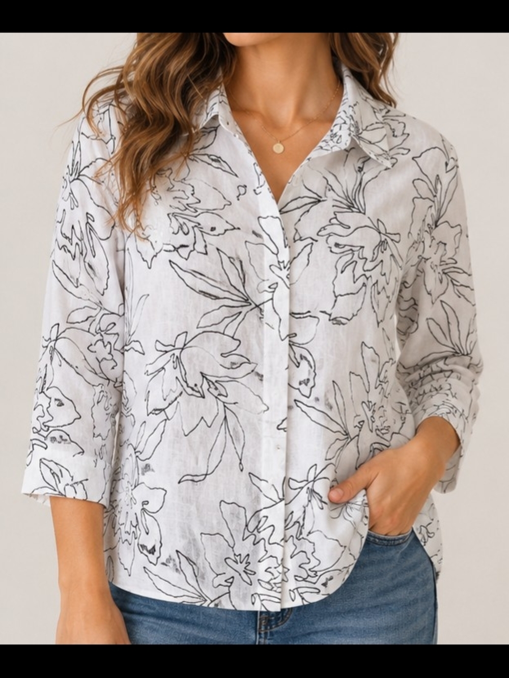 Jones New York Signature 100% Linen Floral Button Front Shirt White Black Sz Sm